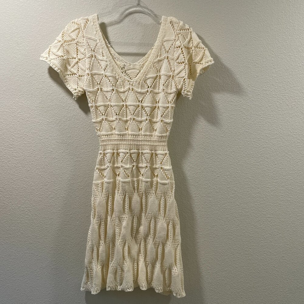 KNIT MIX Crochet Knit Mini Bodycon Short Sleeve Dress Cream Women L